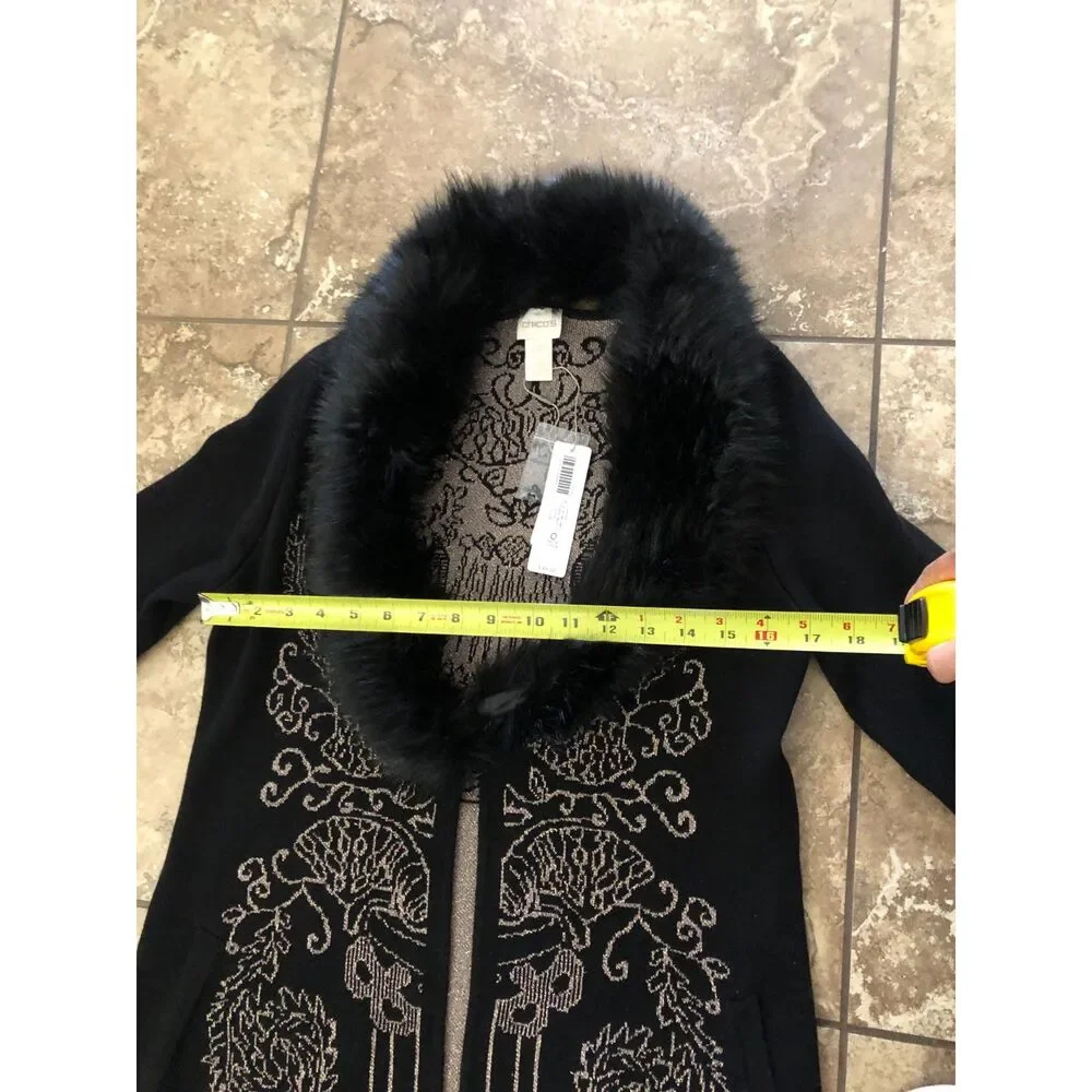 NWT Chicos Faux Fur Collar Lurex Cardigan Sweater Long Black Gold Metallic 0P/ S